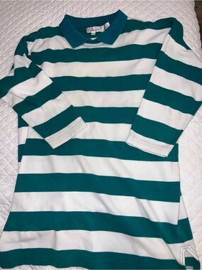 Talbots teal and white striped mid sleeve collared polo shirt in size M #preppy